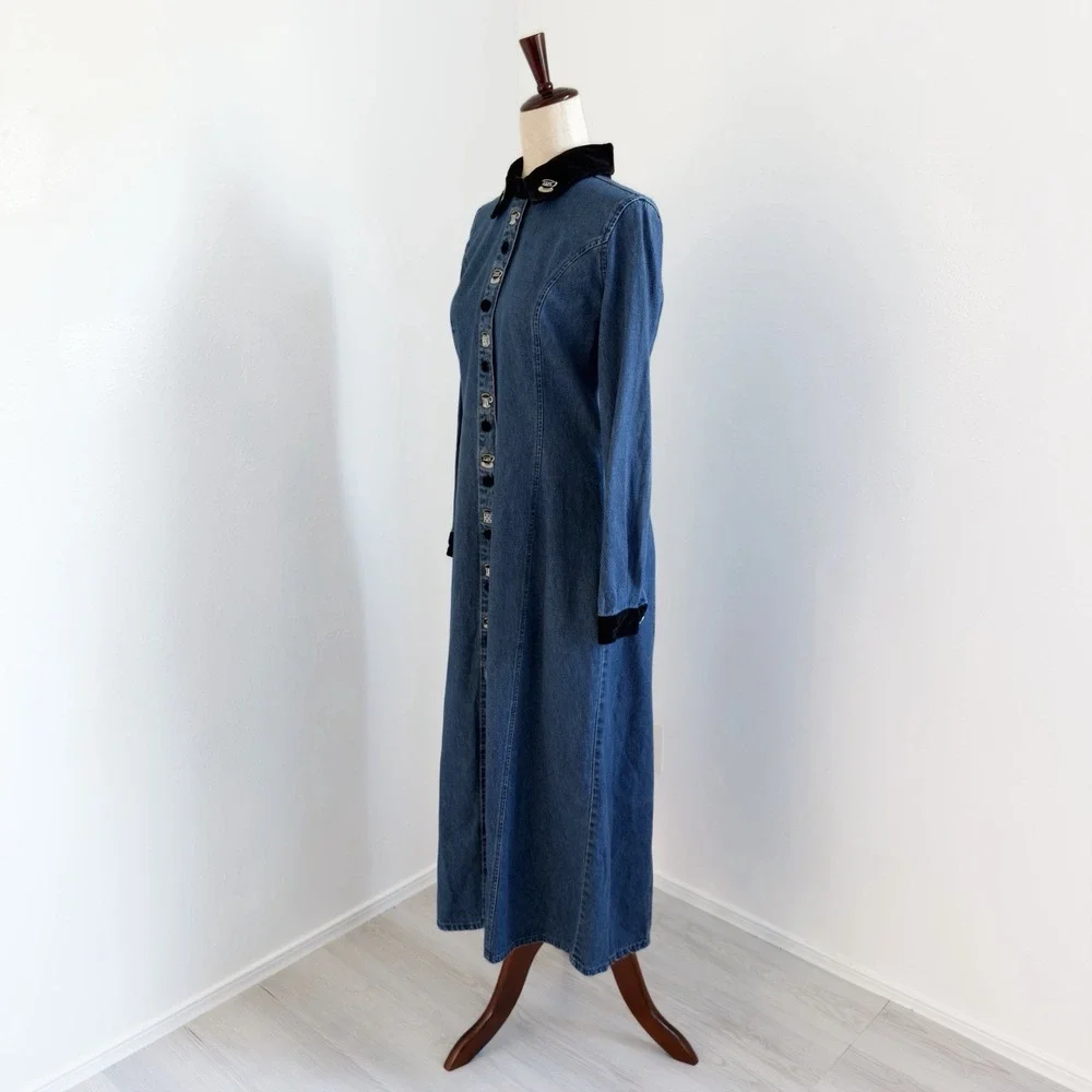 VTG Sophia Rose Denim Dress Size 8 Velvet Trim Blue Embroidered Coffee Friends
